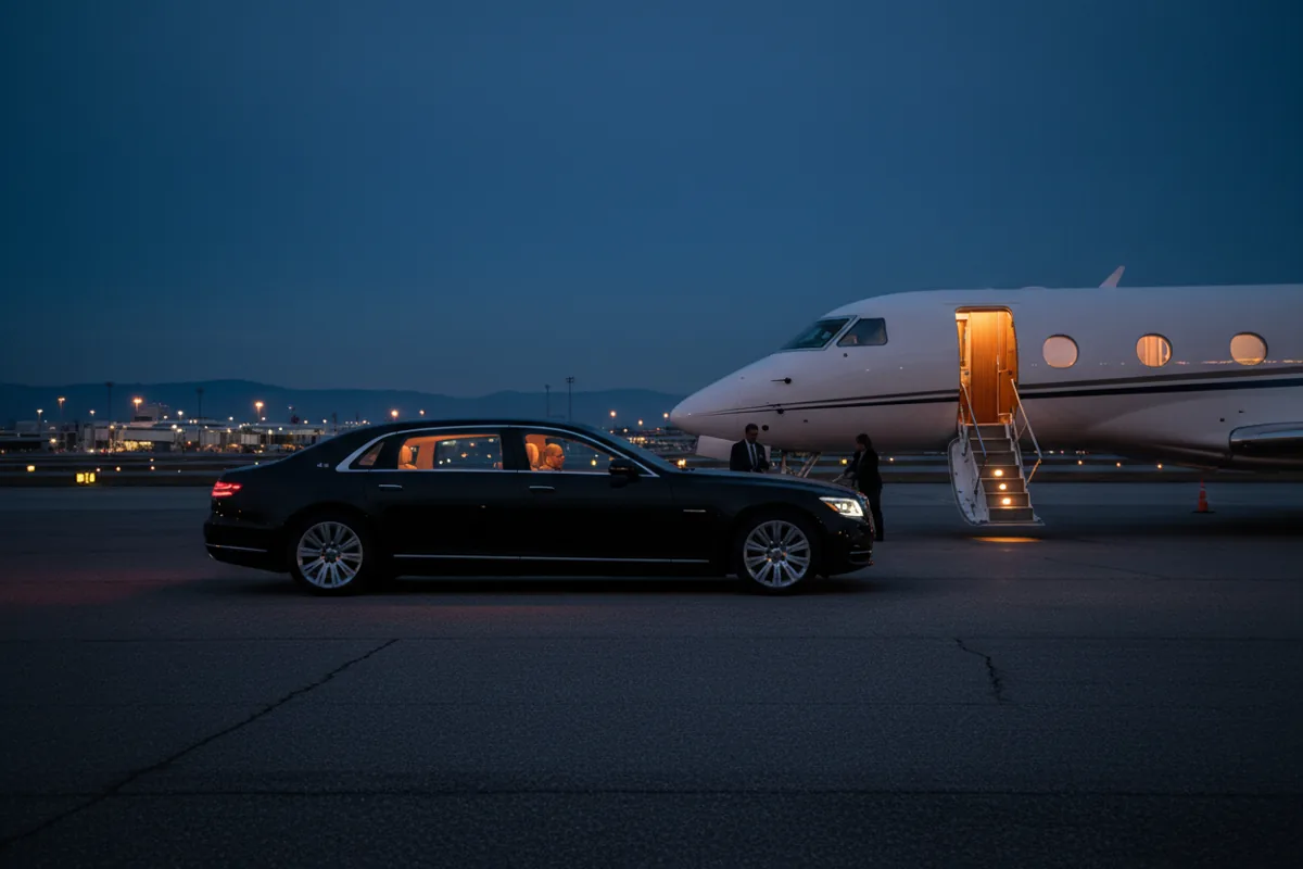 A luxury sedan parked on the tarmac next to a private jet, ready for boarding at dusk.