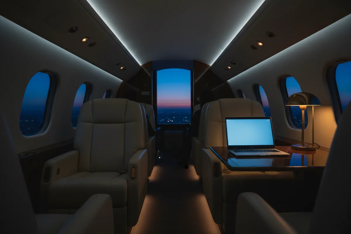 The luxurious interior of a private jet cabin with leather seats and warm lighting at twilight.
