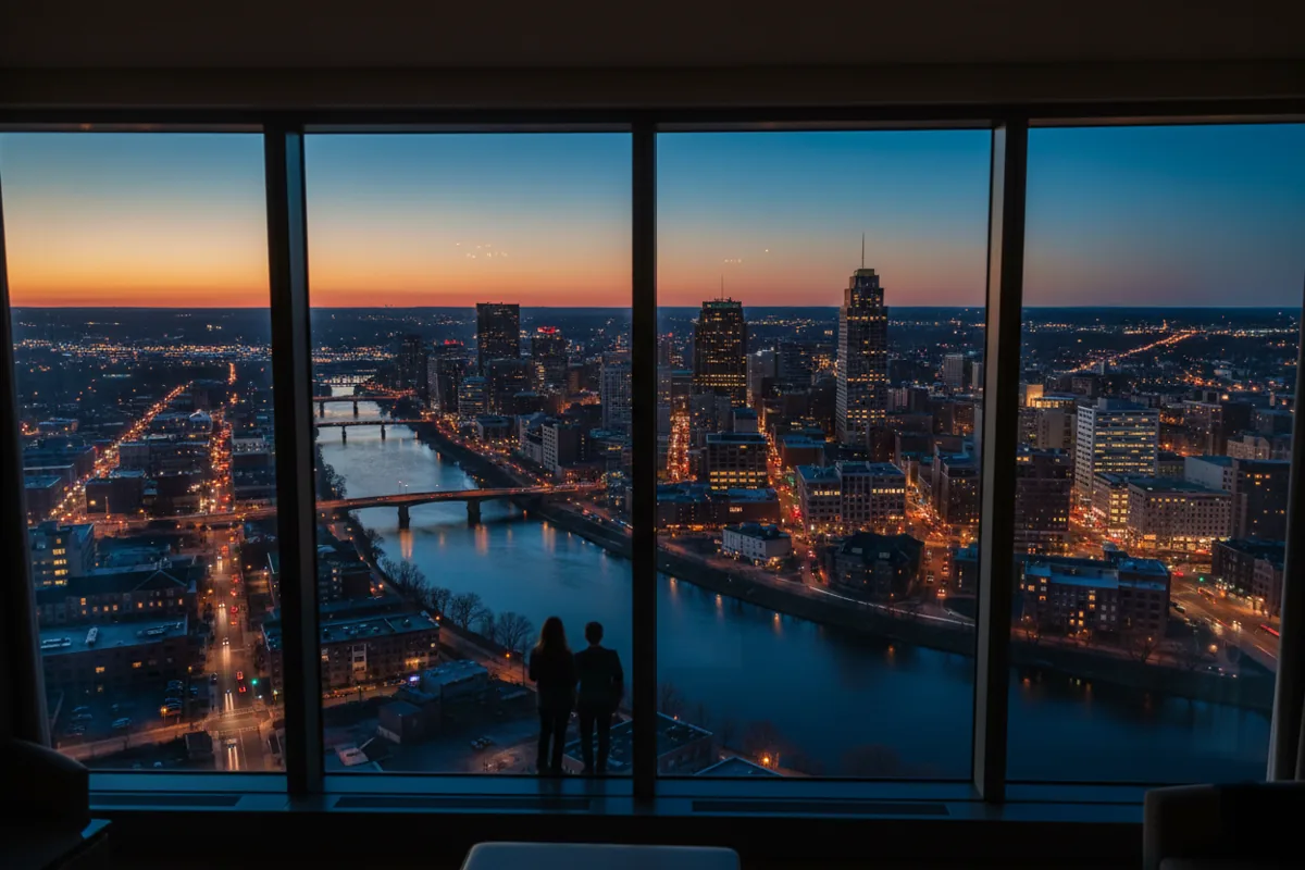 A view of the Springfield, Massachusetts skyline and the Connecticut River at dusk from a high-floor window.