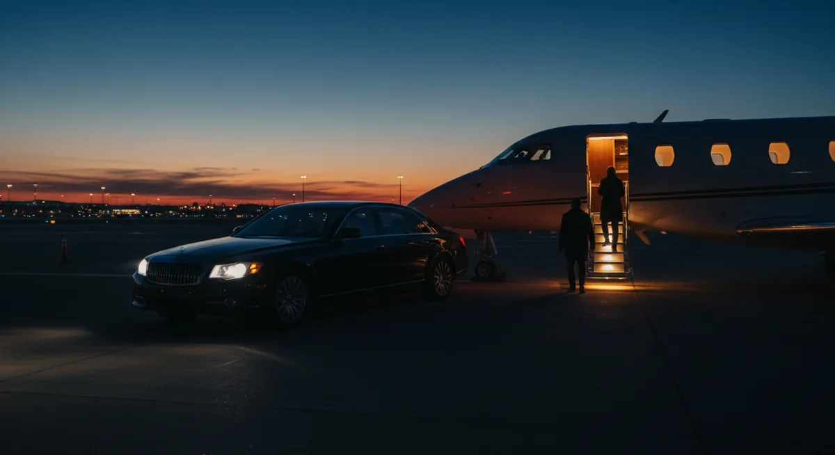 A luxury sedan parked next to the stairs of a private jet on an airfield at twilight.