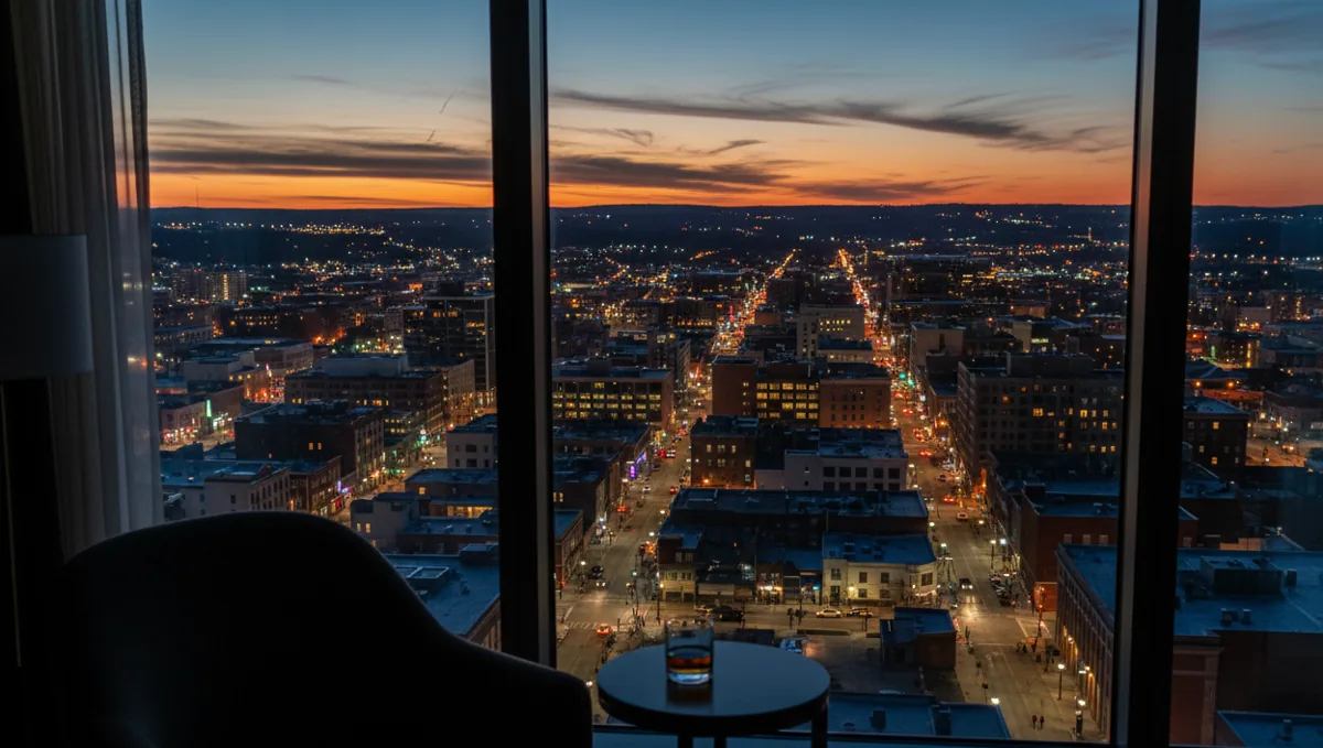 The Springfield, Missouri city skyline viewed from a high-rise at dusk.