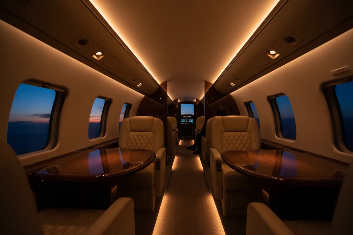 The empty, luxurious interior of a private jet cabin with leather seats and wood tables.