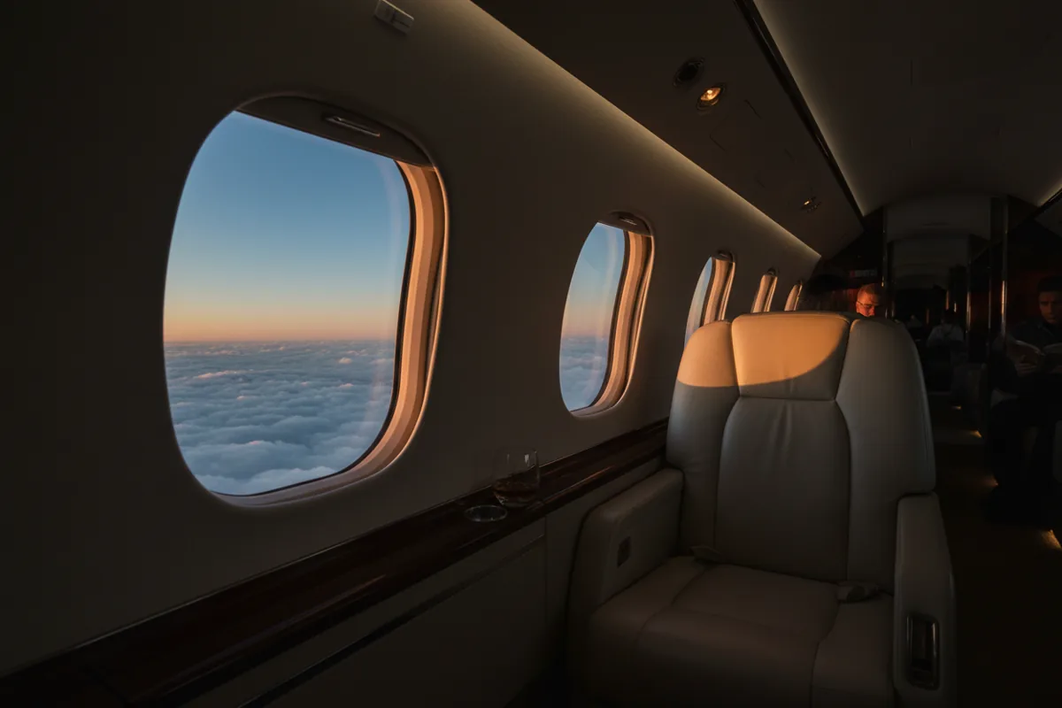 View from a private jet window showing a plush seat and white clouds against a blue sky.