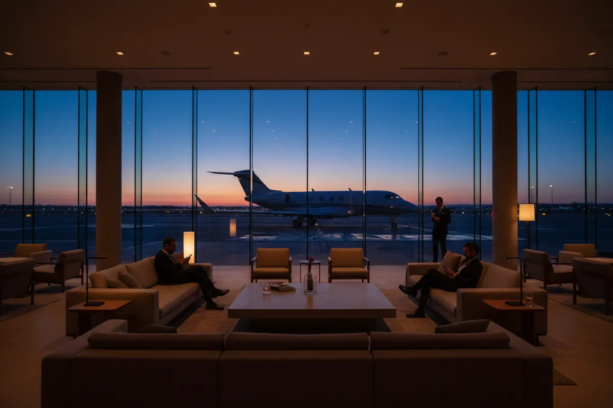 A modern private airport lounge at dusk, with a jet visible on the tarmac outside.