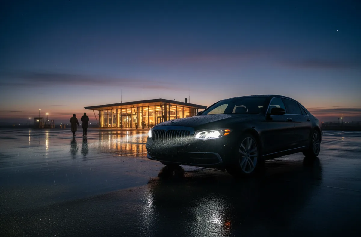 A luxury car parked on an airfield tarmac at dusk in front of a private terminal.