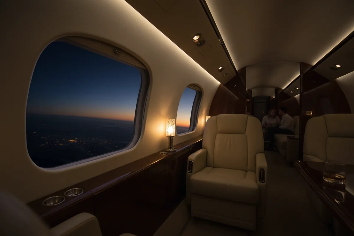 The empty, warmly lit interior of a luxurious private jet cabin in flight at twilight.