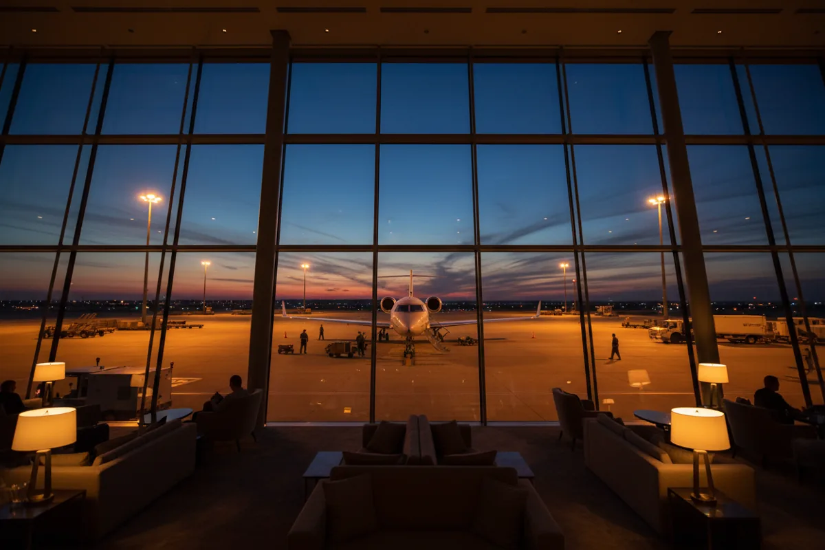 A modern airport terminal at dusk, with a view of an airplane at the gate.
