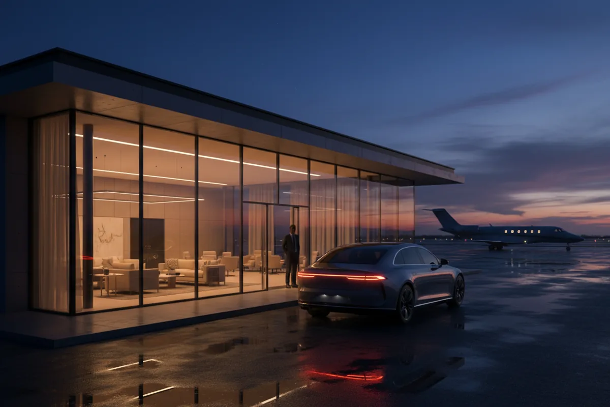 A luxury car arriving at a modern private airport terminal at twilight.