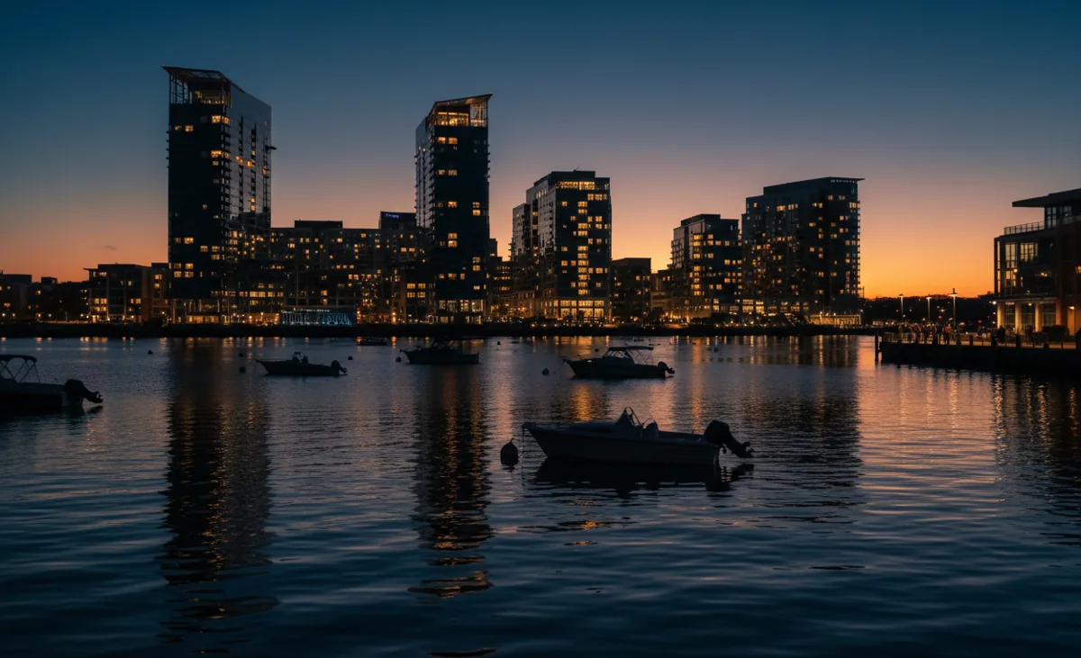 The illuminated skyline of Stamford's Harbor Point reflected in the water at dusk.