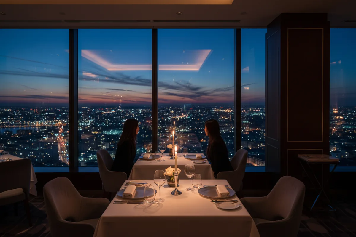 A candlelit dinner table set for two overlooking a city skyline at night.