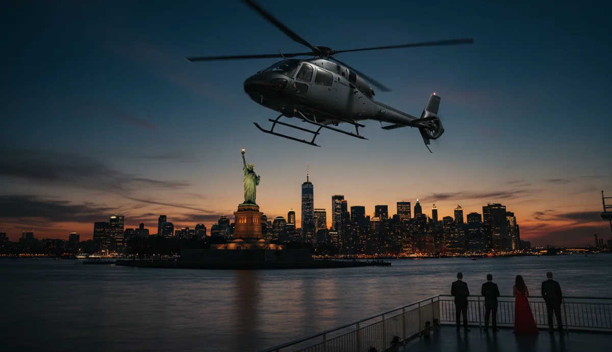 A helicopter flies near the Statue of Liberty over New York Harbor on a clear, sunny day.