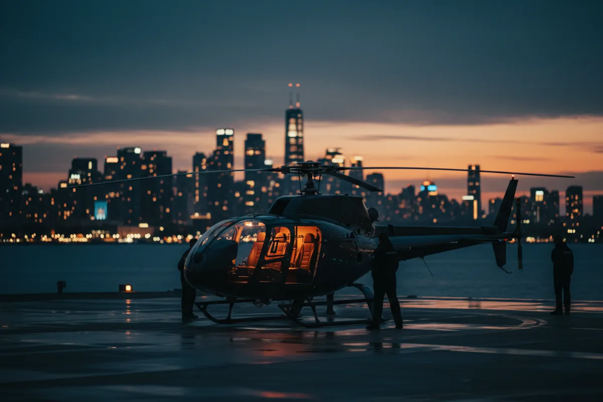 A helicopter on a heliport tarmac at dusk, with city lights in the background.