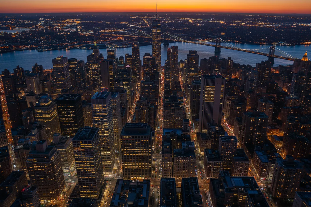 An aerial view of the southern tip of Manhattan and the Brooklyn Bridge illuminated at night.