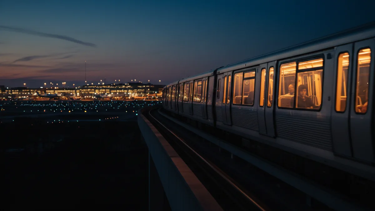 An elevated airport train travels toward a glowing terminal at dusk.