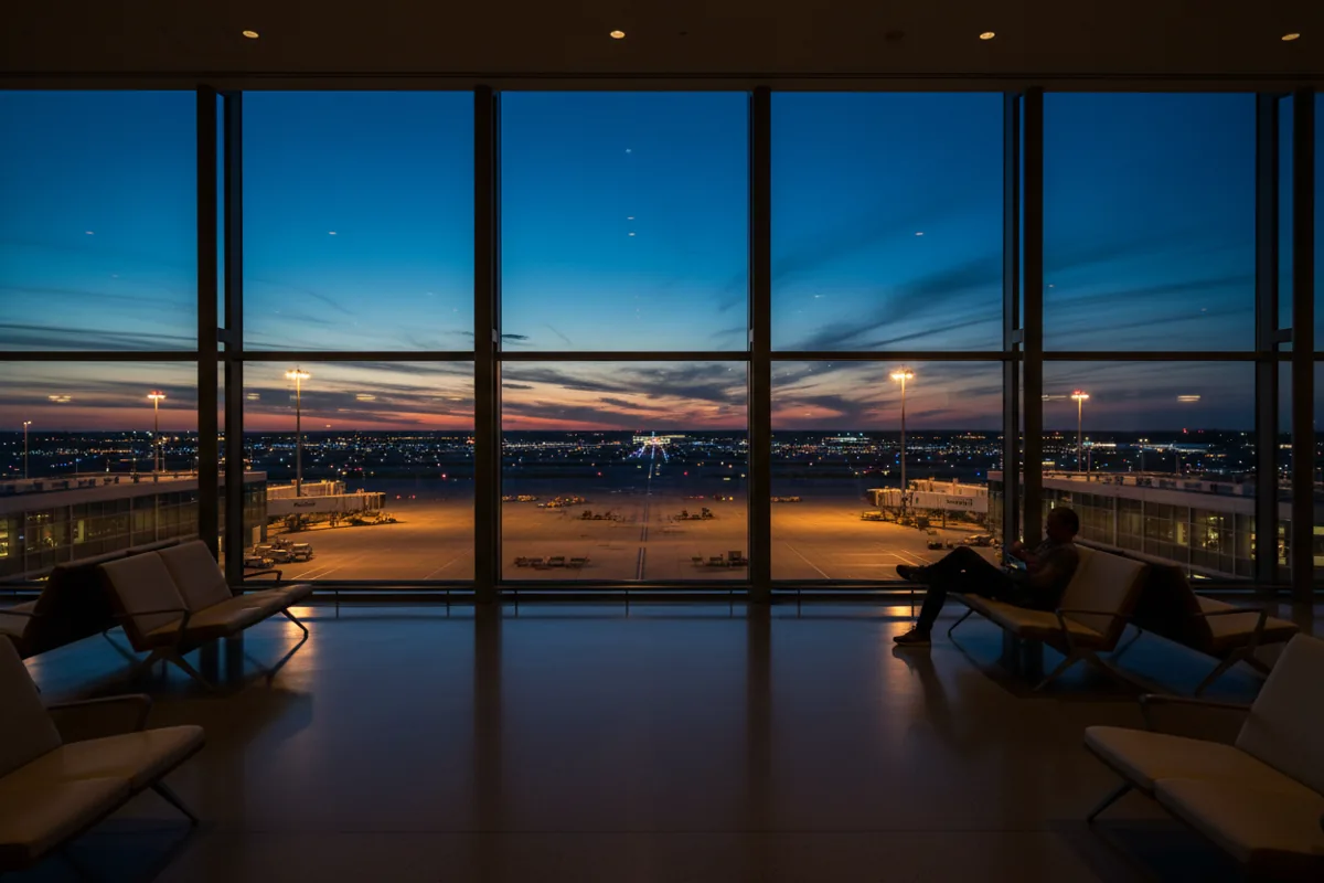 A modern airport lounge with large windows overlooking the runway at dusk.