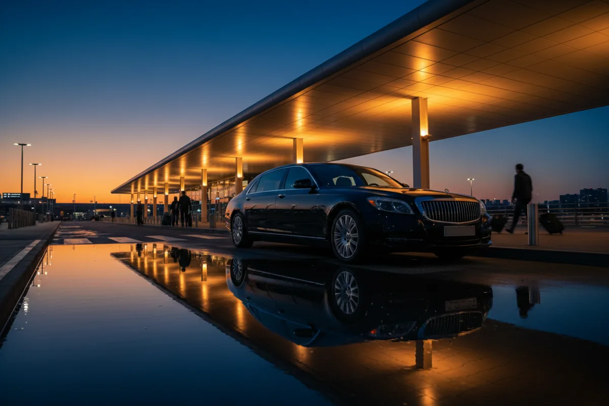 A black luxury sedan waits at an airport terminal curb at night.