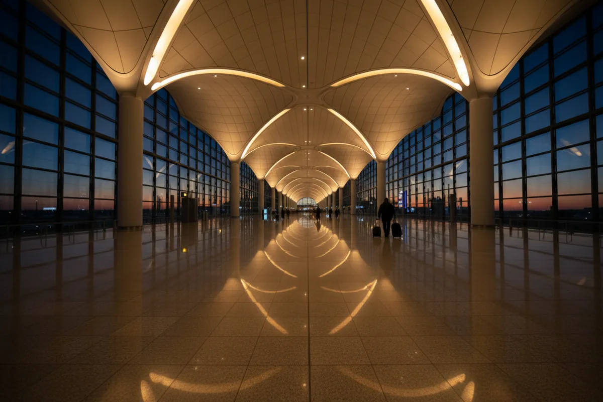 Travelers with luggage walk through a modern, spacious airport terminal concourse at dusk.