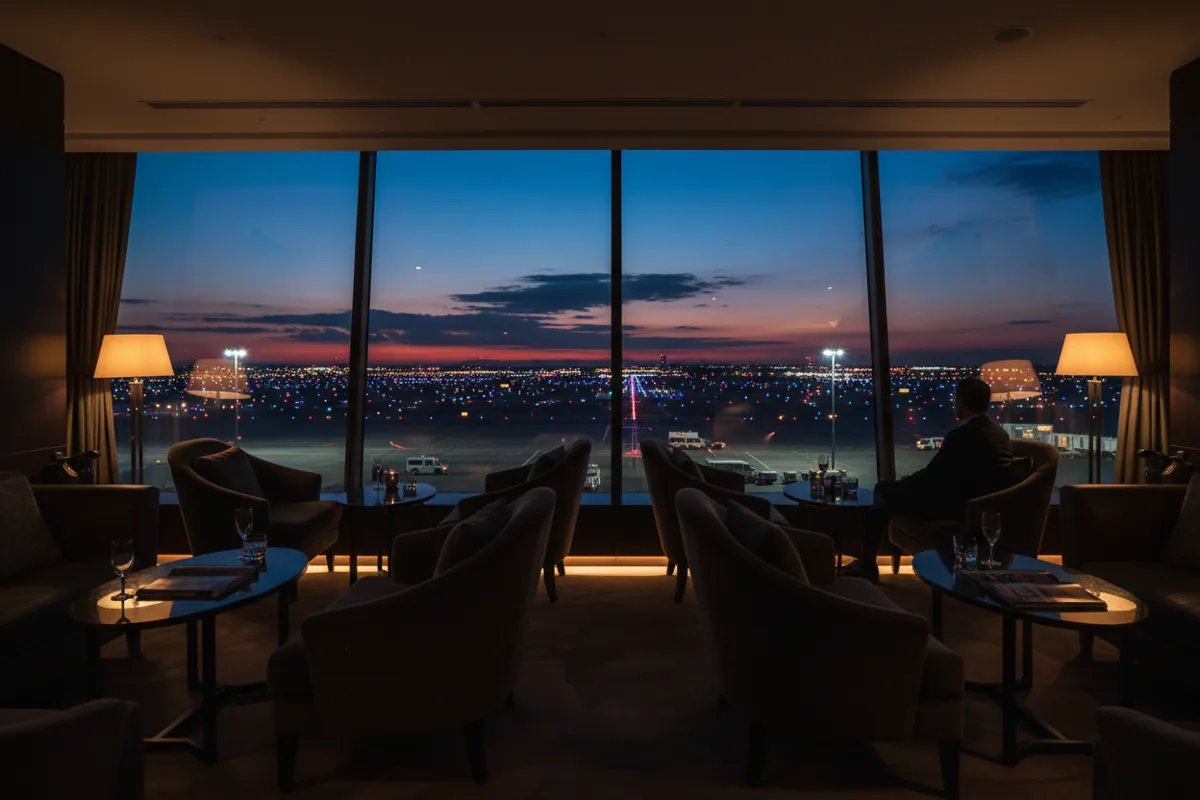 A quiet, modern airport lounge with a view of the airfield at night.