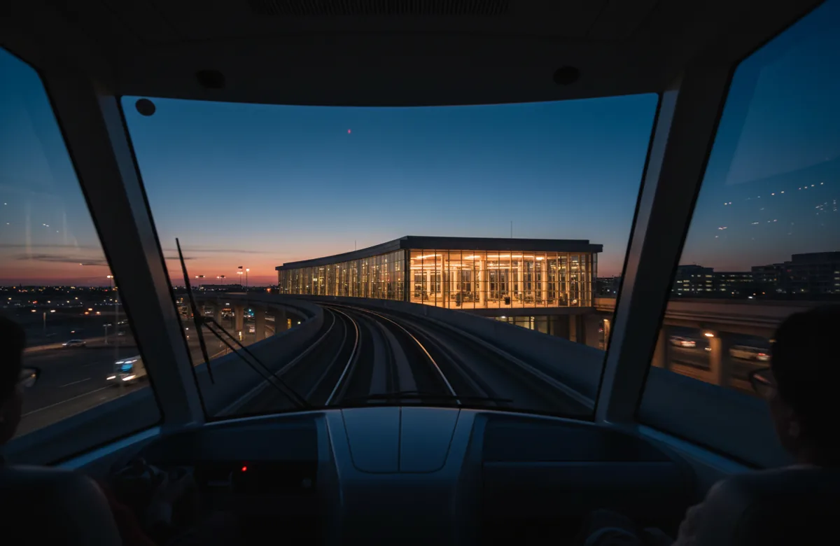 View from the front of a moving airport tram as it approaches a brightly lit station at night.