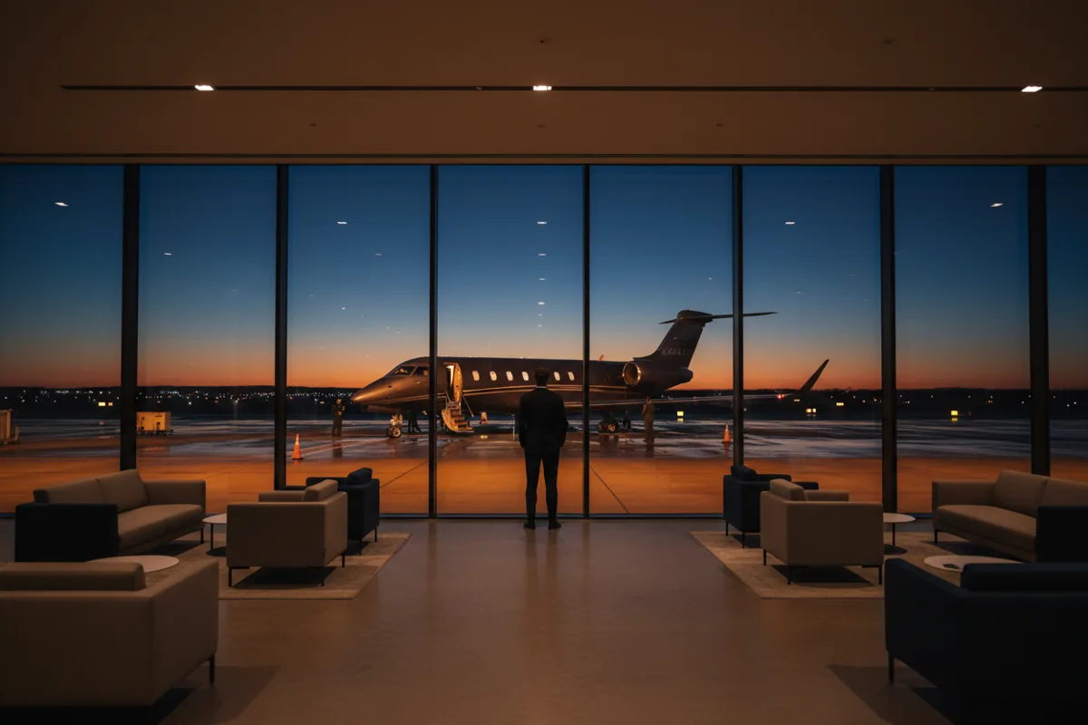 The interior of a luxury airport lounge at dusk, overlooking a private jet on the tarmac.