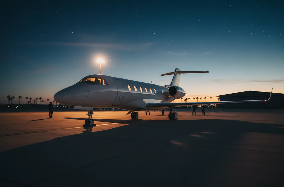 A white private jet parked on an airfield tarmac against a beautiful golden and purple sunset sky.