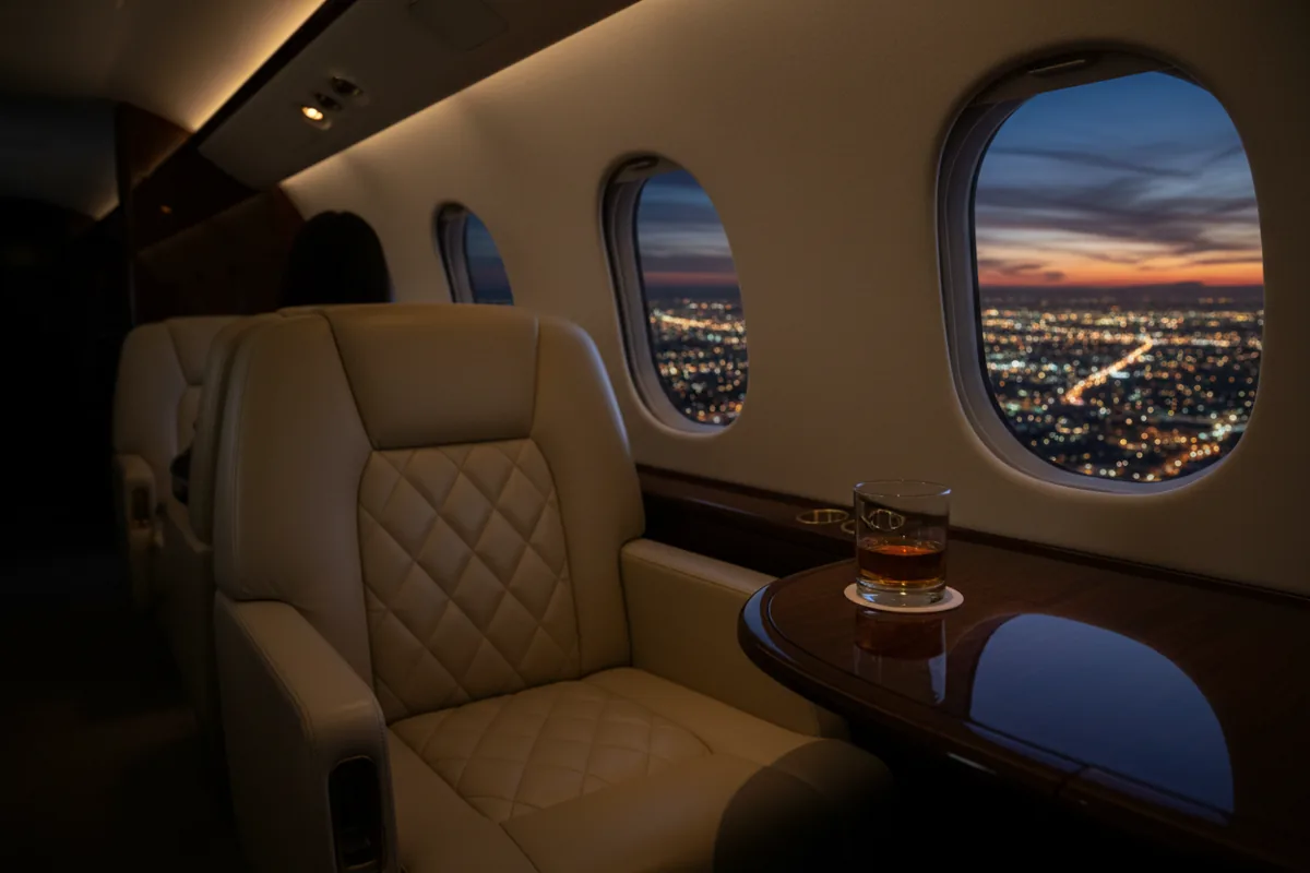 A luxury private jet cabin with a leather seat and a view of city lights from the window at night.