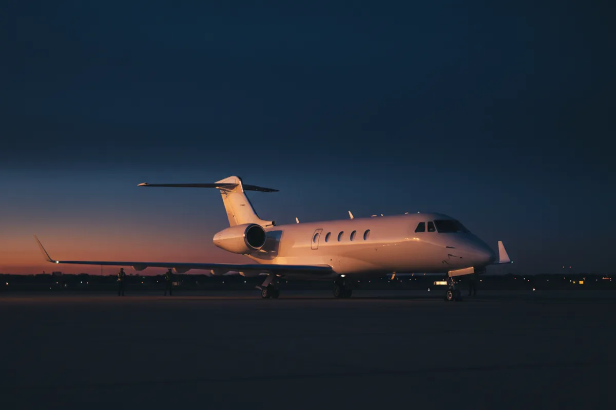 A private jet parked on an airport tarmac in Surprise, Arizona during a golden sunset.