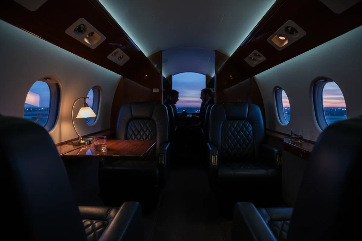 The luxurious, empty cabin of a private jet with warm lighting and a view of the twilight sky.