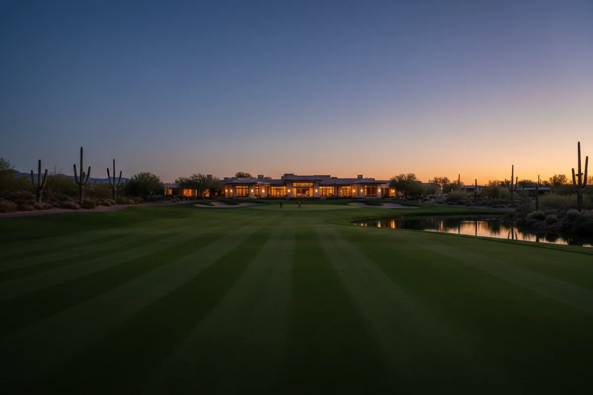 A manicured golf course and luxury clubhouse at twilight in Surprise, Arizona.