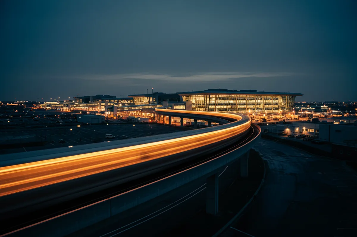 An elevated airport train travels between terminals against a twilight sky.
