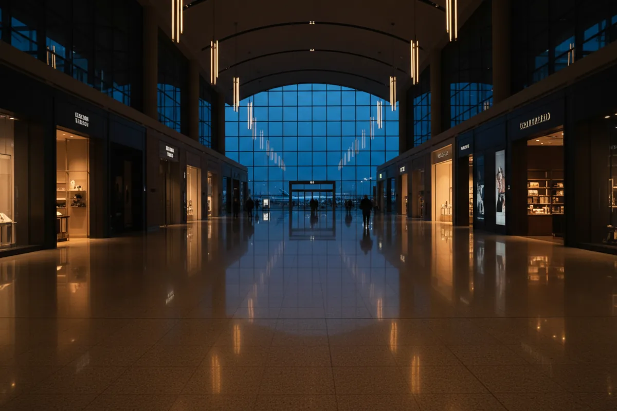 A modern, brightly lit airport terminal concourse with shops and travelers.