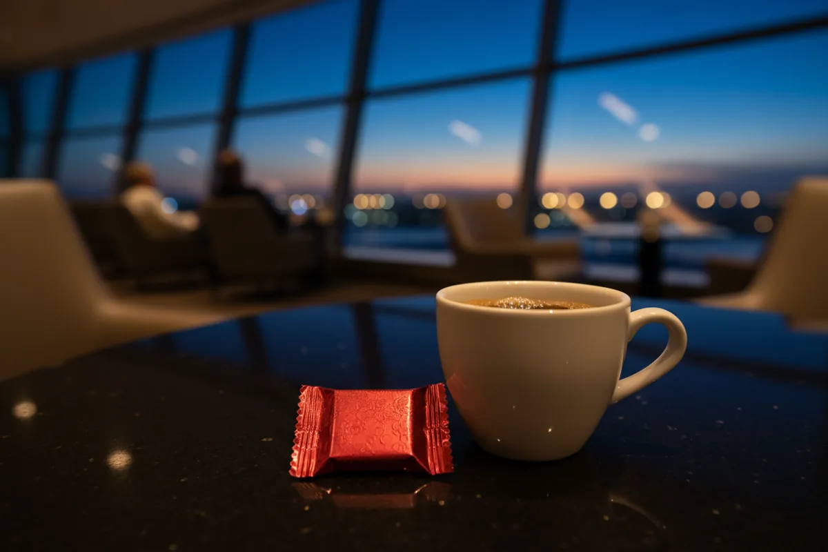 A cup of espresso and a Swiss chocolate on a table in the Swiss Airlines lounge.