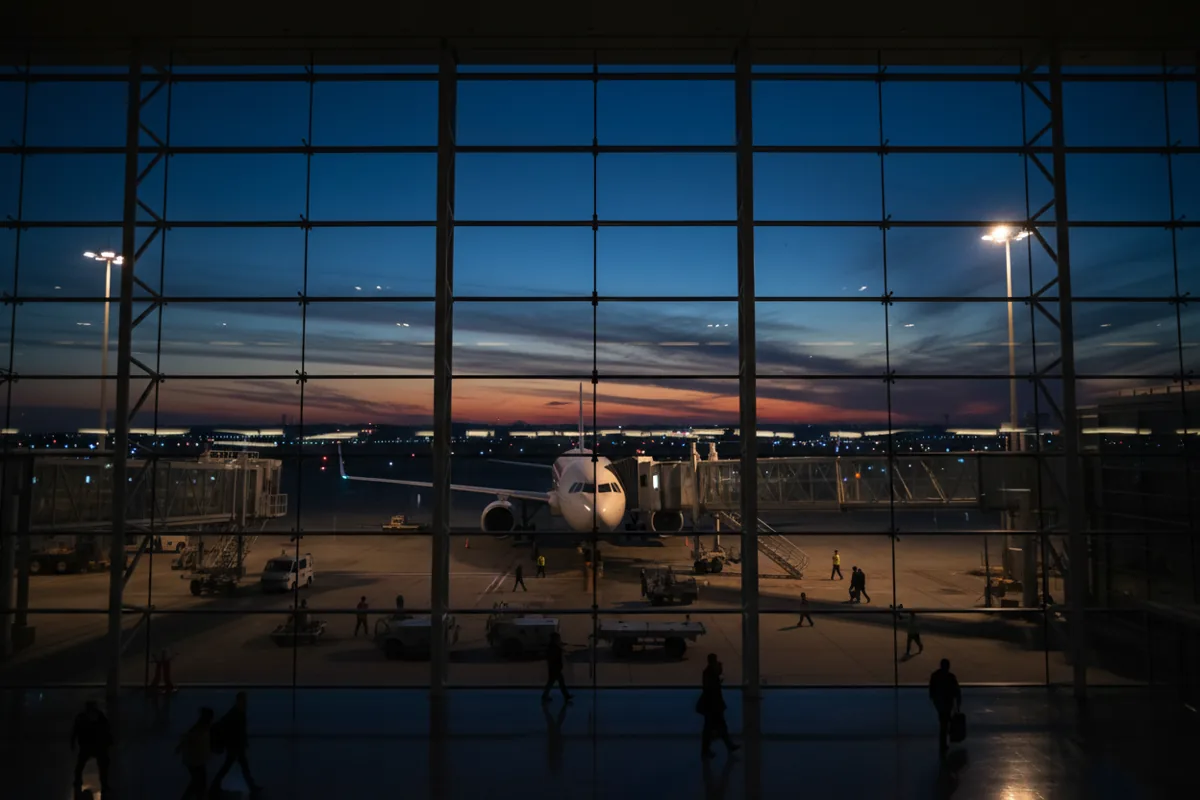 View from inside a modern airport terminal at dusk, looking out at a passenger jet parked at the gate.