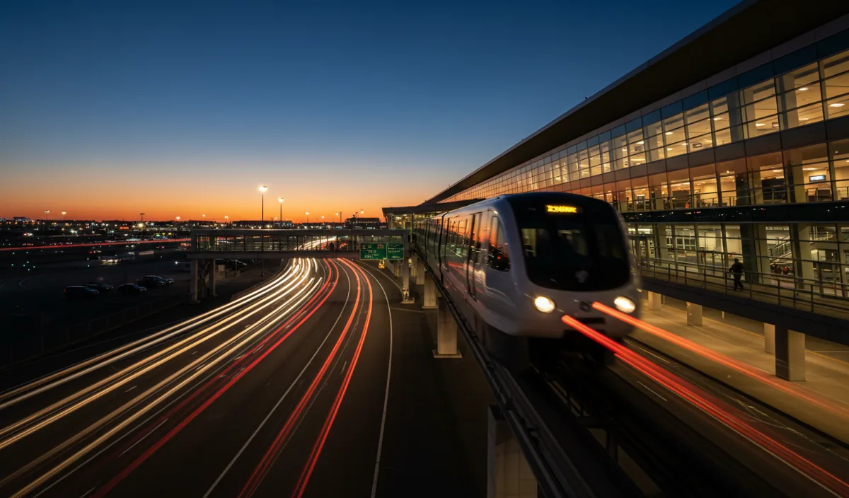 An airport monorail train travels on an elevated track toward a brightly lit terminal building at dusk.