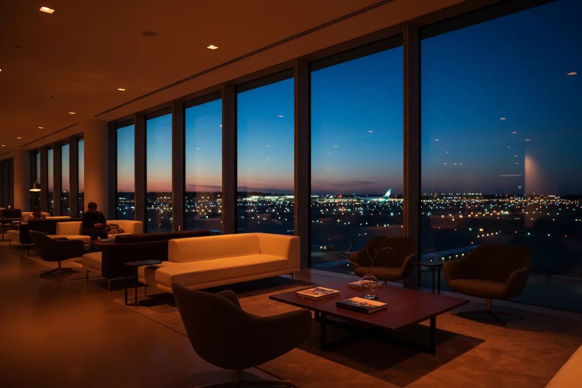 A modern, luxurious airport lounge with large windows overlooking the airfield at twilight.