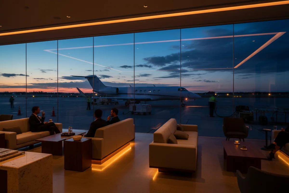 View of a private jet on the tarmac from inside a modern, luxurious airport lounge at twilight.