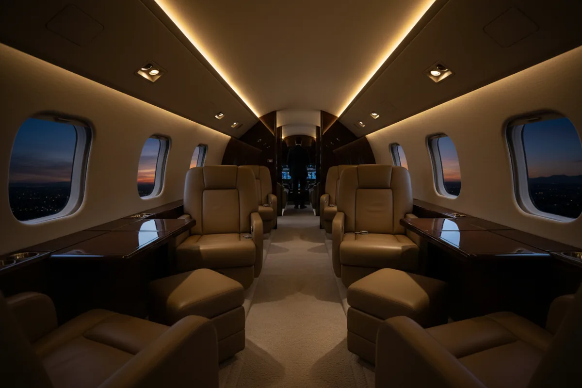 The empty, luxurious interior of a private jet cabin with warm lighting and a view of the sky at dusk.