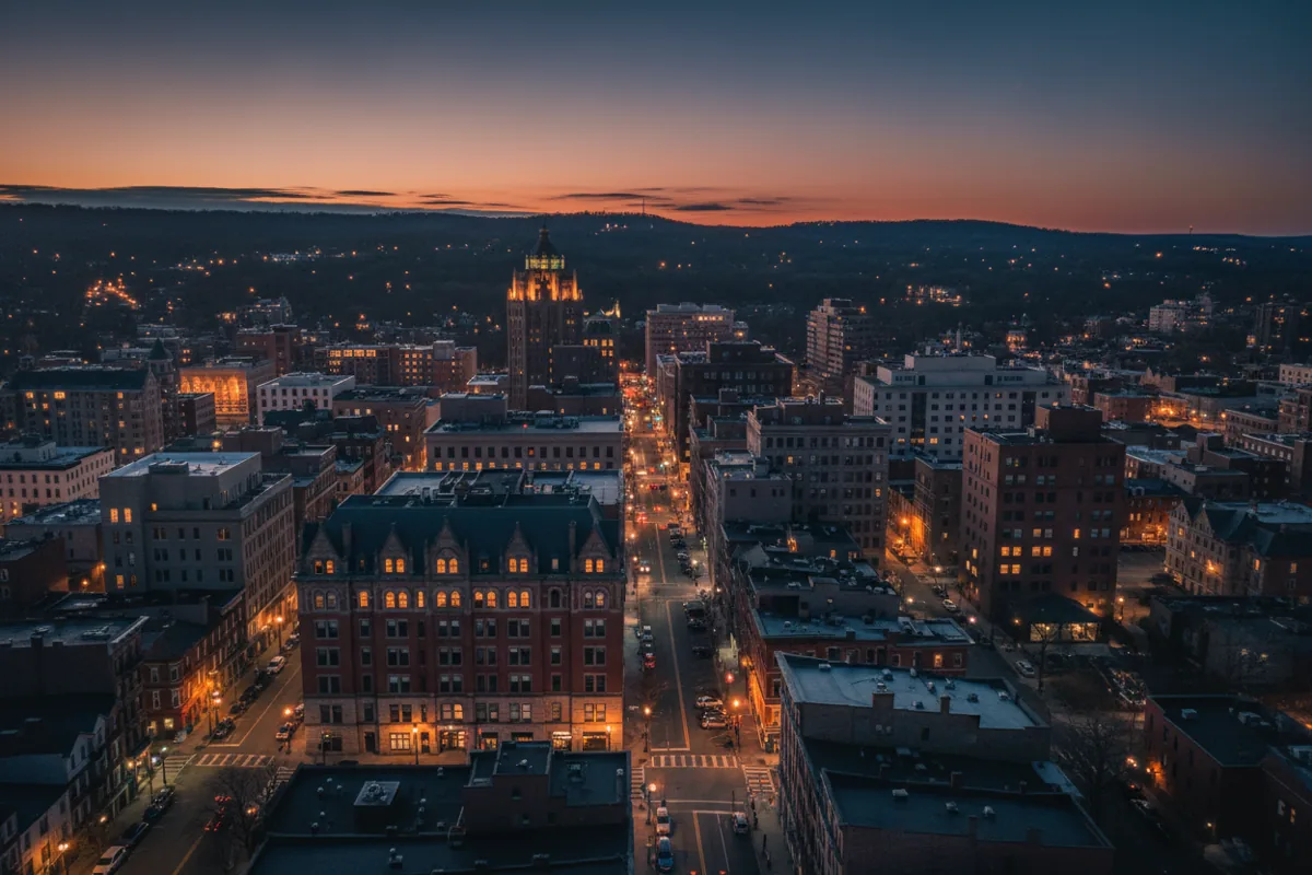 Aerial view of downtown Syracuse, New York at blue hour.