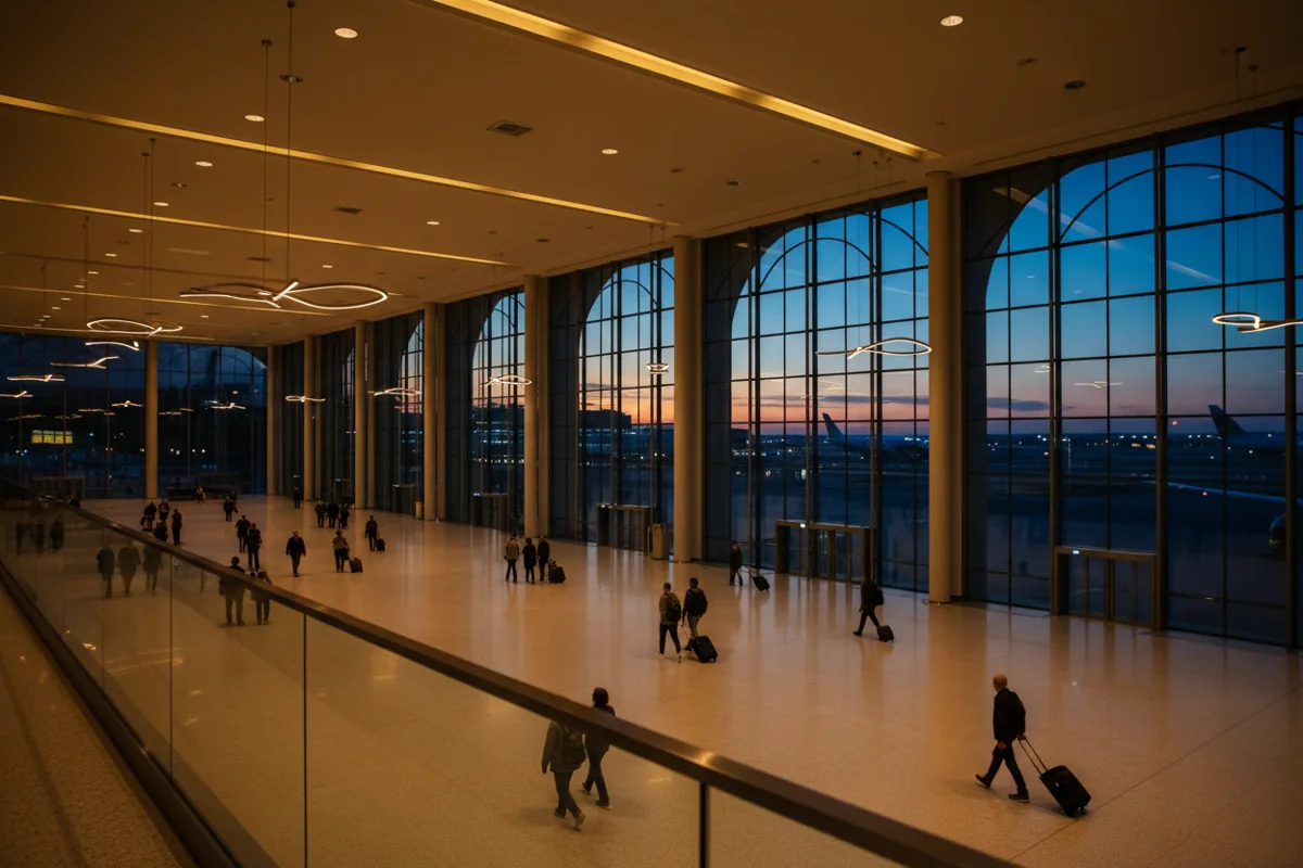 Travelers with luggage walk through a spacious, modern airport terminal at dusk.