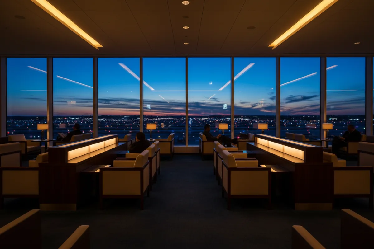 An empty, modern airport lounge with comfortable seating overlooking the airfield at night.