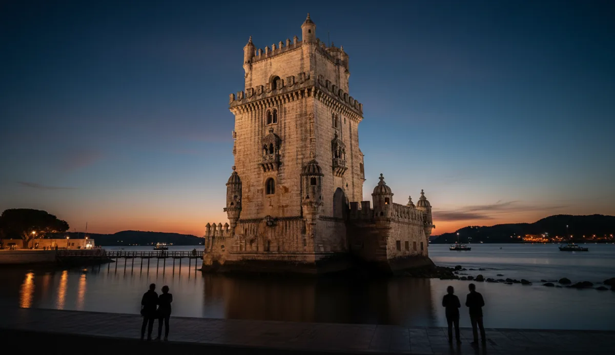 The Belém Tower in Lisbon, Portugal, illuminated against a deep blue sky at dusk.