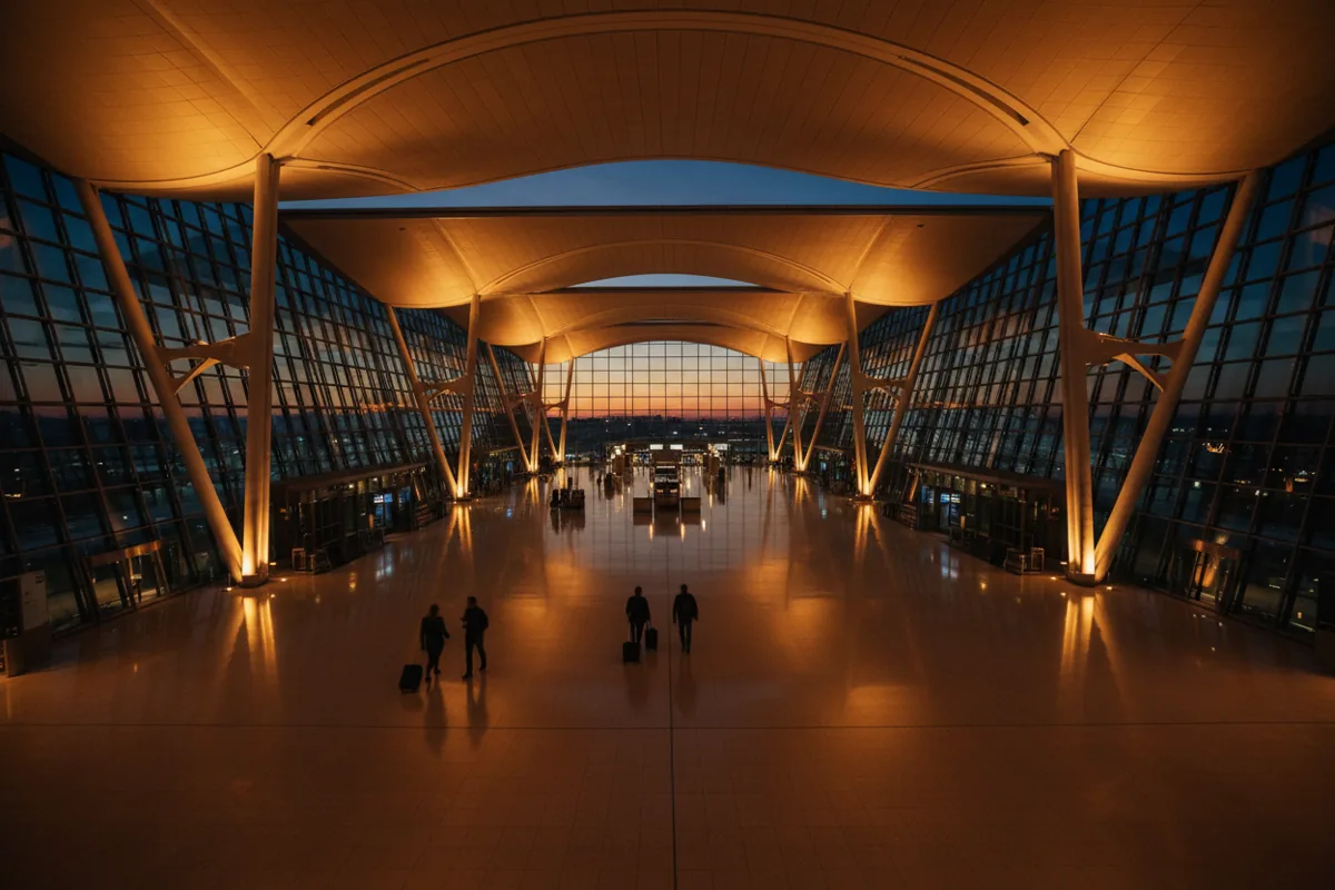 The spacious, modern interior of an airport departures hall at dusk, with a few travelers below.