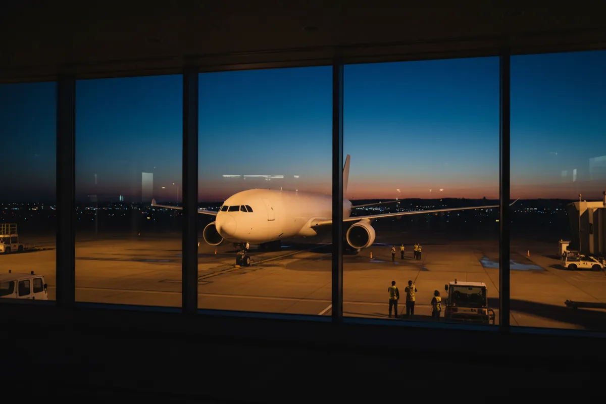An airliner on the tarmac at twilight, seen through a large terminal window.