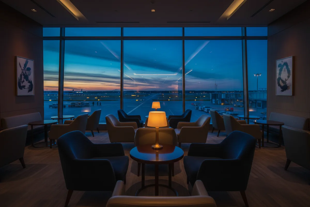 A quiet, luxurious airport lounge with comfortable chairs overlooking the tarmac at dusk.