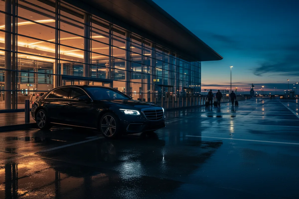 A black luxury sedan waits at a modern airport terminal at dusk.