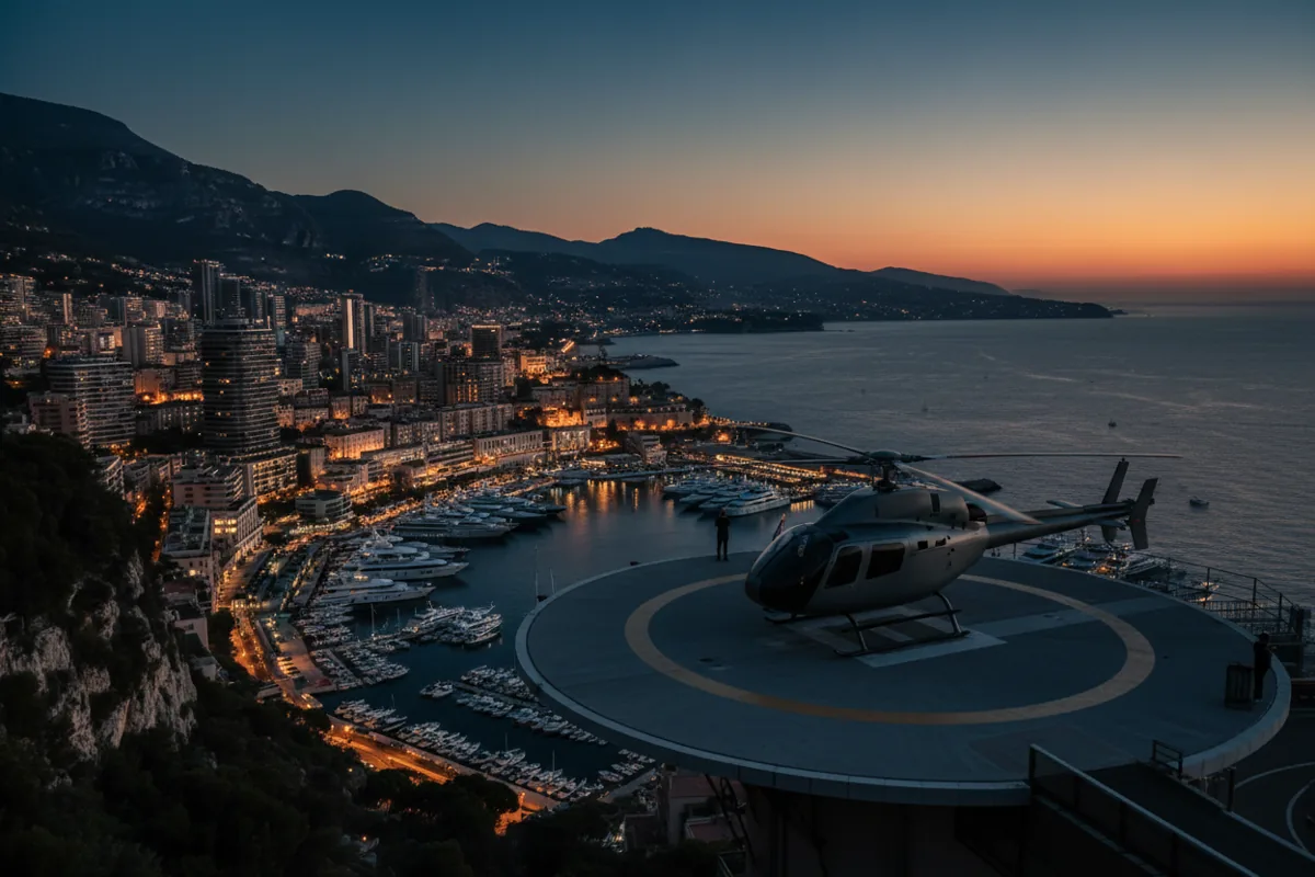 A helicopter on a helipad with a view of Monaco's harbor at twilight.