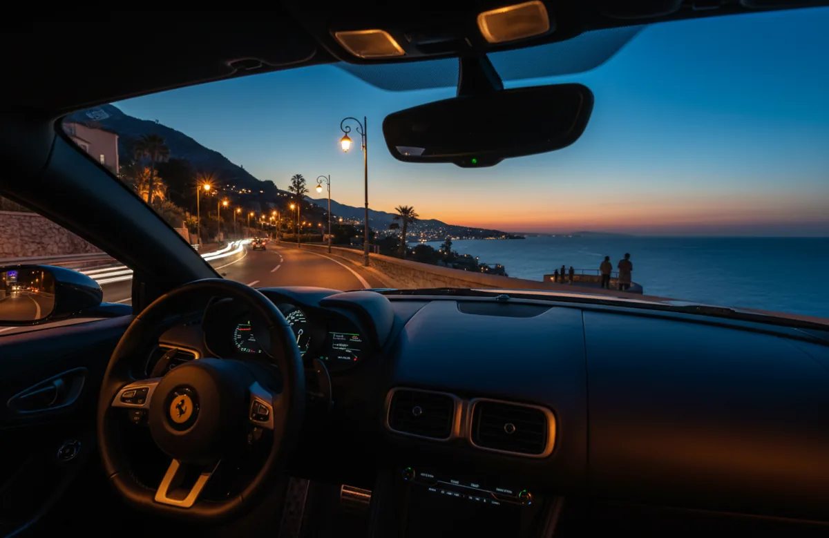 View from a car driving on a coastal highway towards Monaco at dusk.