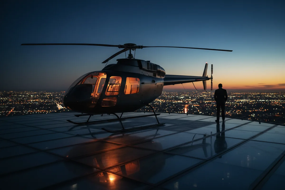 A helicopter on a city helipad at dusk, prepared for takeoff with the skyline in the background.