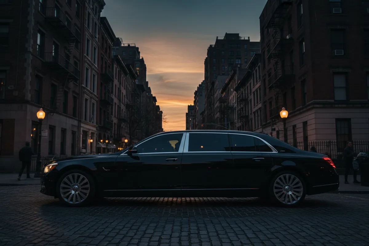 A black luxury car service sedan parked on a quiet city street, waiting for a passenger.