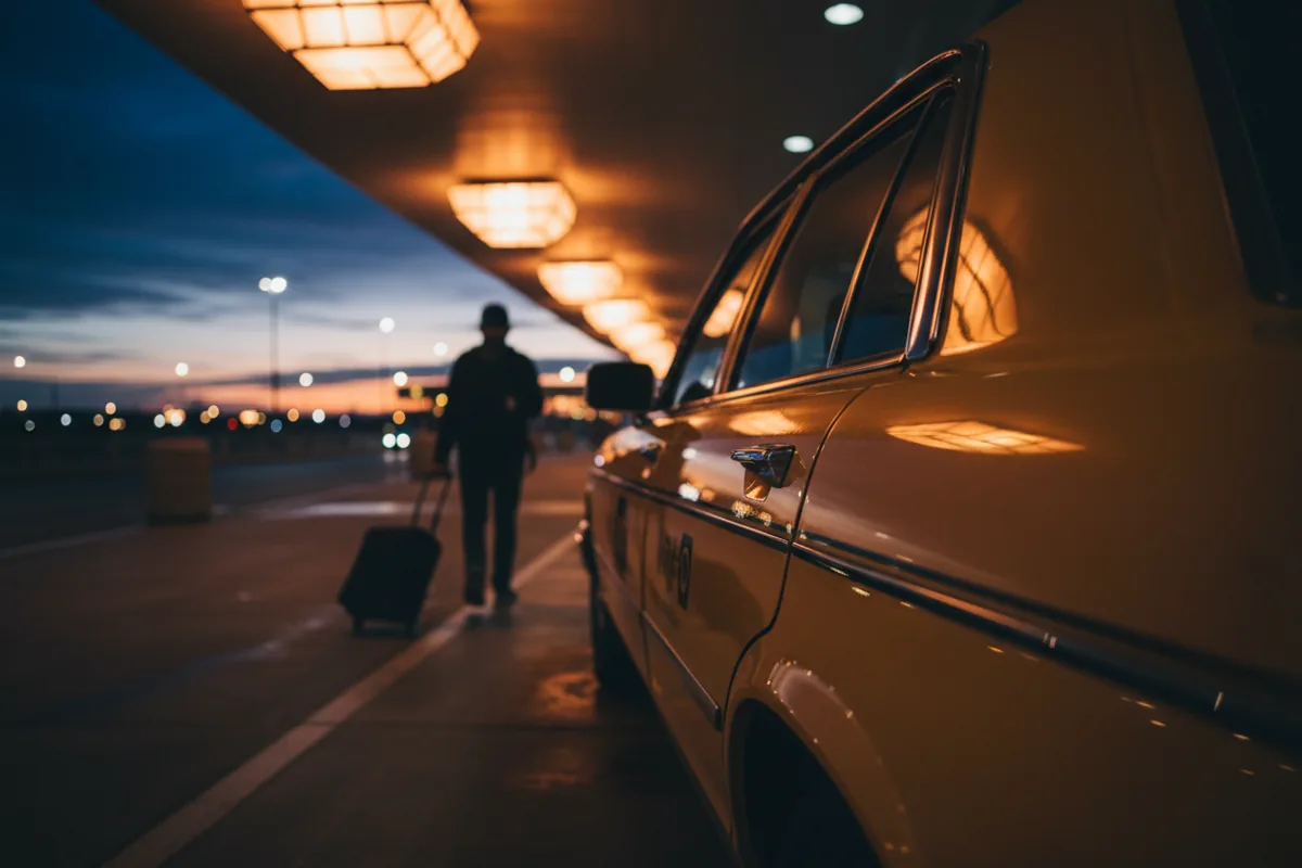 A person with a suitcase about to get into a yellow taxi at an airport curb at night.